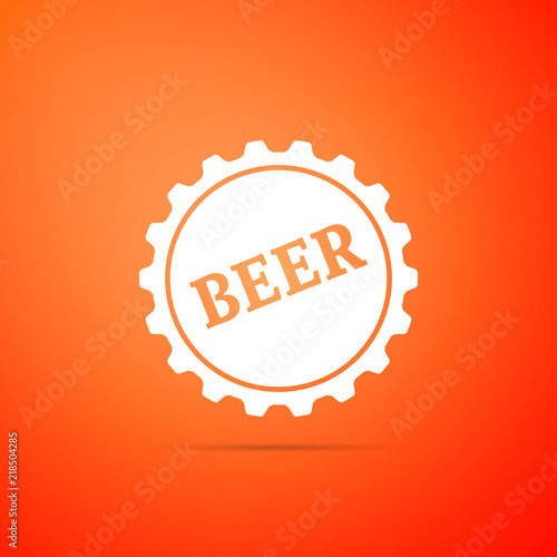 Bottle cap with beer word icon isolated on orange background. Flat design. Vector Illustration