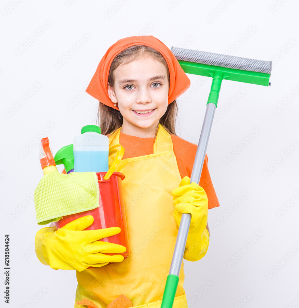 Little girl with mop and cleaning supplies in bucket Little girl with mop and cleaning supplies in bucket