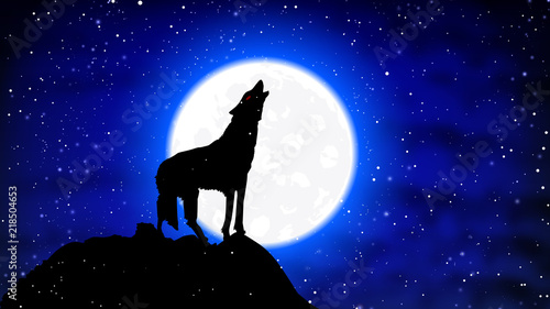 A wolf in the snow howls at the full moon