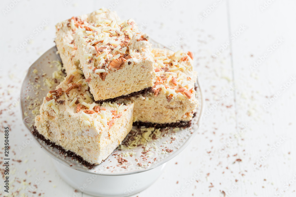 Closeup of cake with white chocolate and meringue