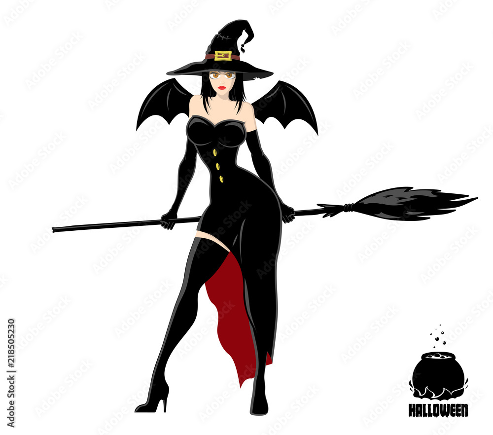 Pretty witch in magic hat with broom. Design element for Halloween banner or holiday card. Vector illustration isolated on white background.