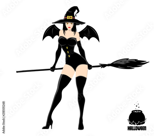 Pretty witch in magic hat with broom. Design element for Halloween banner or holiday card. Vector illustration isolated on white background.