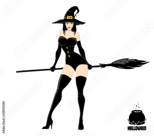 Pretty witch in magic hat with broom. Design element for Halloween banner or holiday card. Vector illustration isolated on white background.