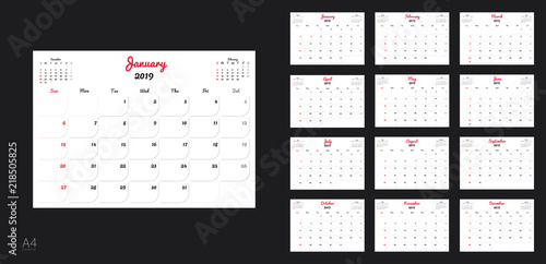 Template design of calendar planner for 2019 year with corporate style.
