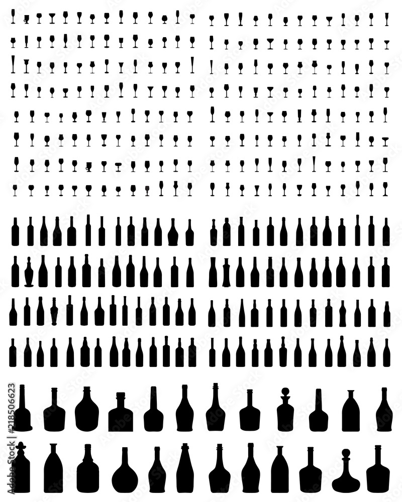Black silhouettes of carafe, bottles and glasses, vector