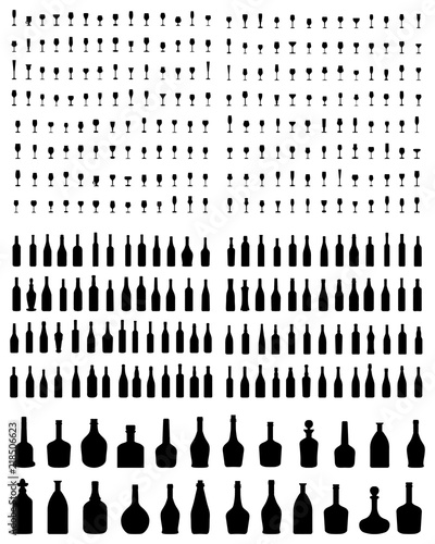 Black silhouettes of carafe, bottles and glasses, vector