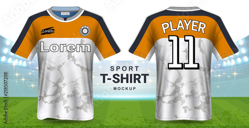 Soccer Jersey and Sportswear T-Shirt Mockup Template, Realistic Graphic Design Front and Back View for Football Kit Uniforms, Easy Possibility to Apply Your Artwork, Text, Image, Logo (Eps10 Vector)