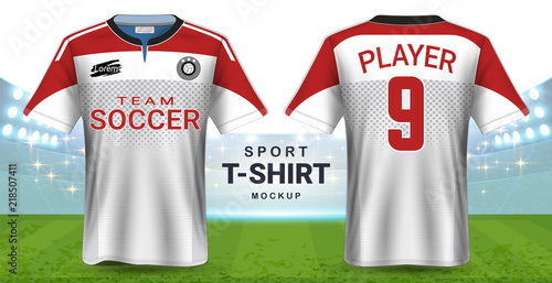Soccer Jersey and Sportswear T-Shirt Mockup Template, Realistic Graphic Design Front and Back View for Football Kit Uniforms, Easy Possibility to Apply Your Artwork, Text, Image, Logo (Eps10 Vector)