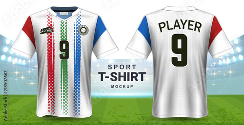 Soccer Jersey and Sportswear T-Shirt Mockup Template, Realistic Graphic Design Front and Back View for Football Kit Uniforms, Easy Possibility to Apply Your Artwork, Text, Image, Logo (Eps10 Vector)