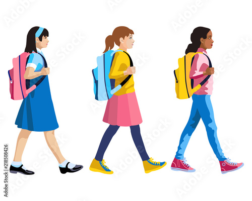 Three isolated figures of girls going to school