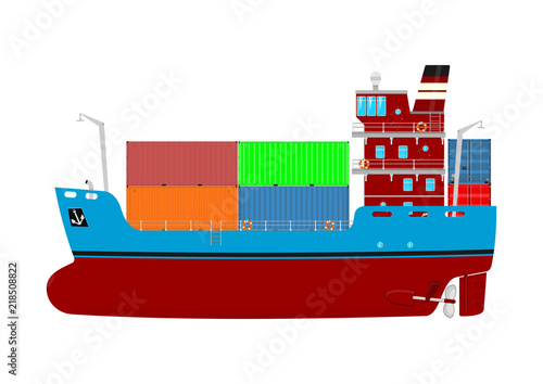 Cartoon container ship. Modern cargo ship on a white background. Side view. Flat vector.