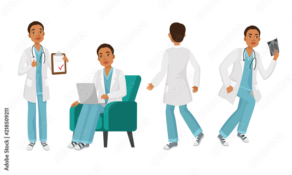 Male doctor character set with different poses, emotions, actions. Medical note, working with computer, back view, radiography. Can be used for hospital, intern, physician Male doctor character set with different poses, emotions, actions. Medical note, working with computer, back view, radiography. Can be used for hospital, intern, physician