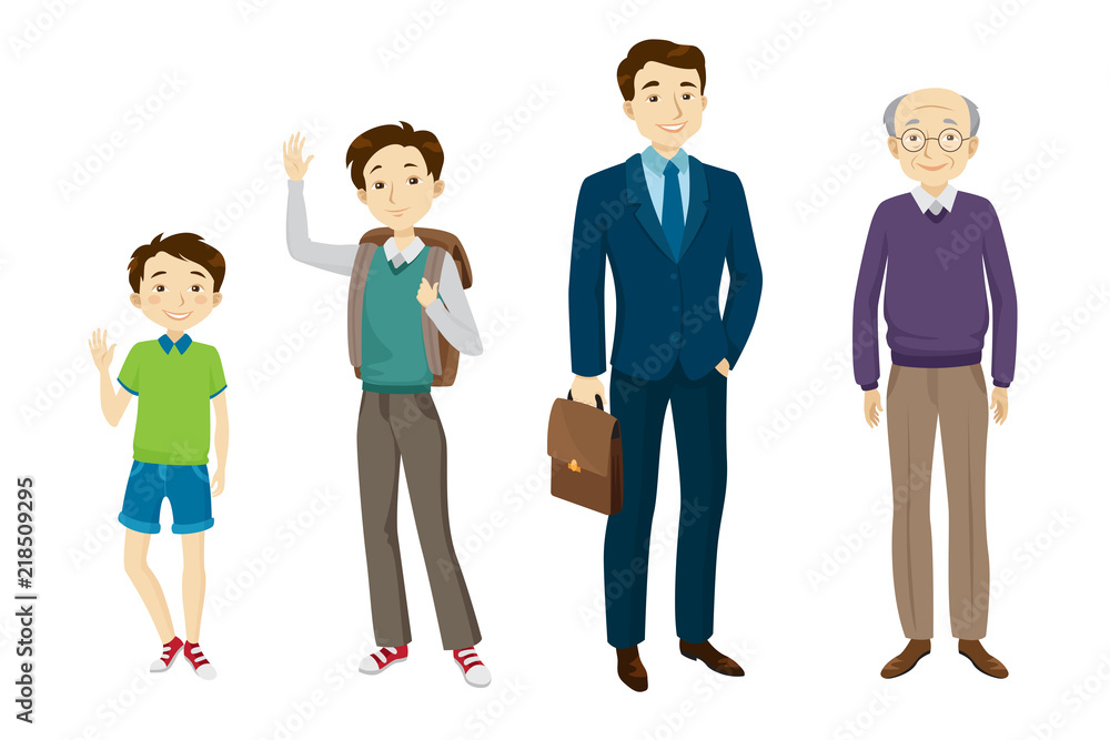 Male of various age character set with different gestures, poses, actions. Kid, schoolboy, adult man, senior. Can be used for childhood, old age, life cycle