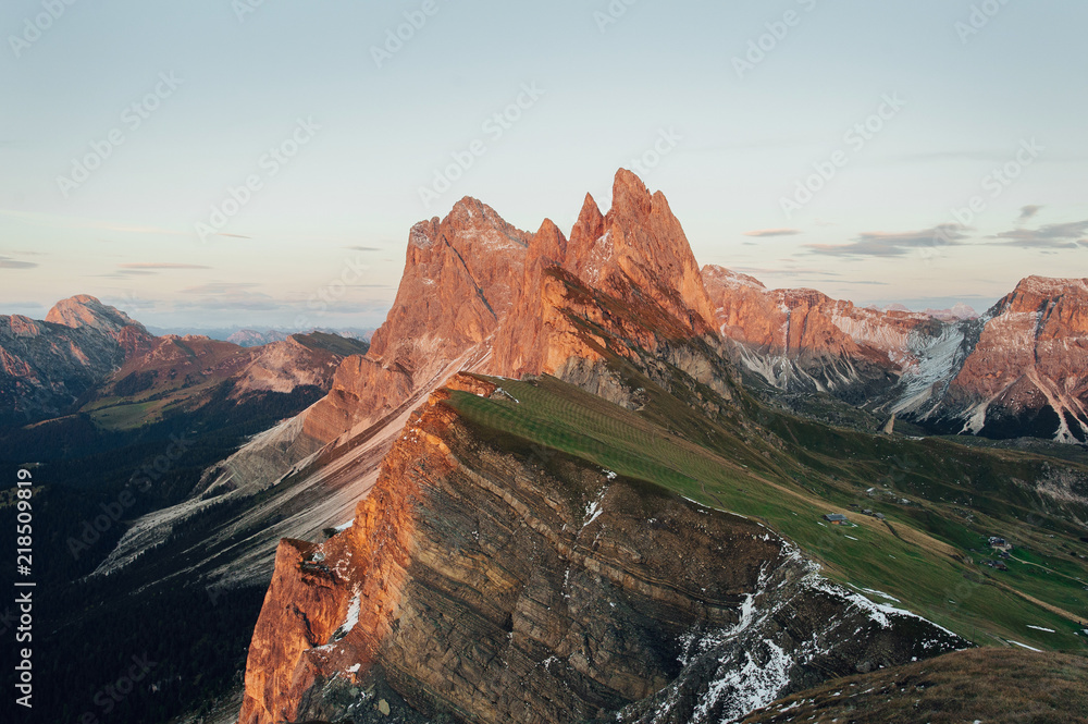 Views from Seceda over the Odle mountains are spectacular. Amazing views in the Dolomites mountains.