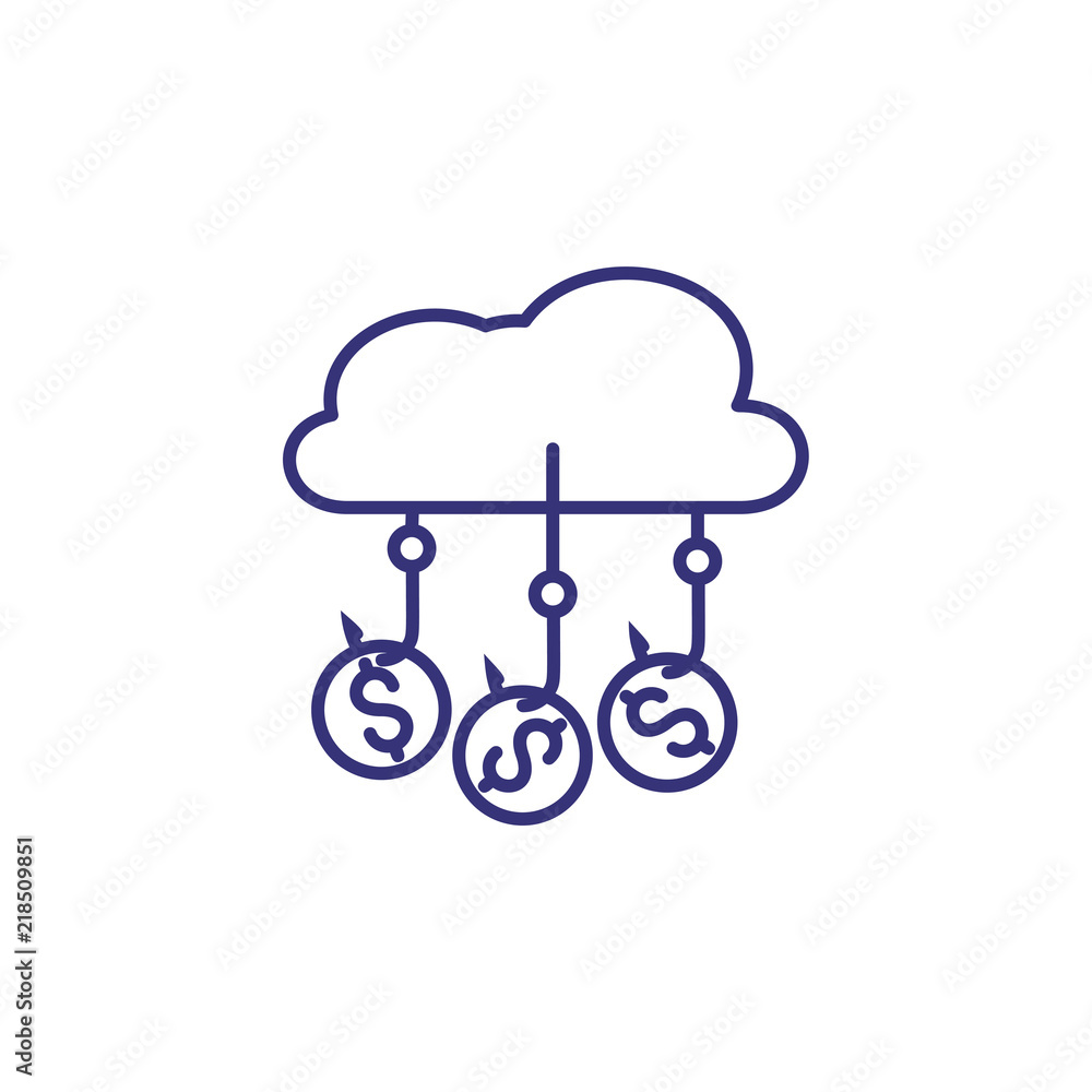 Cloud with coins on hook line icon. Mobile banking, e-wallet, cashback. Bank concept. Vector illustration can be used for topics like e-commerce, money, internet Cloud with coins on hook line icon. Mobile banking, e-wallet, cashback. Bank concept. Vector illustration can be used for topics like e-commerce, money, internet