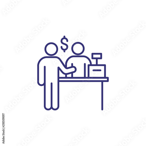 Customer at cashdesk line icon. Bank service, buying, financial advisor. Currency concept. Vector illustration can be used for topics like banking, finance, shopping