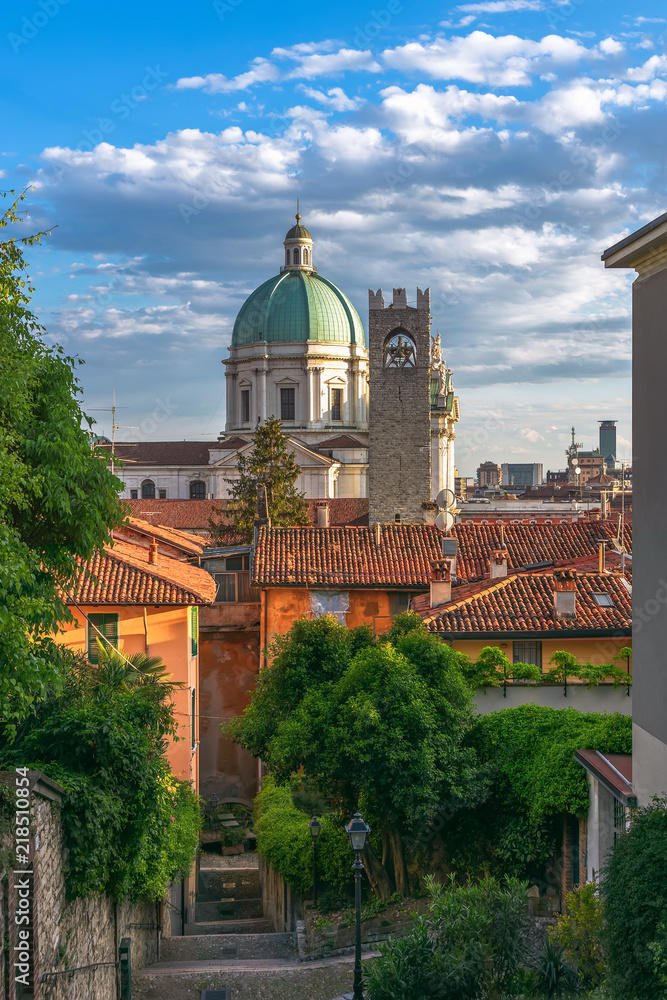 Beautiful sunset view of the Duomo cupola over the town Brescia in Lombardy, Italy