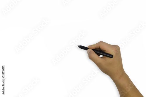 human hand with a black handle isolated on a white background