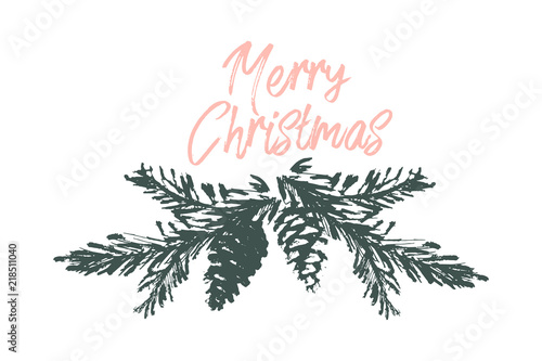 Merry Christmas Hand Drawn christmas tree branch and lettering isolated on white. Cute xmas holiday background for postcards, invitations, greeting cards, banners, posters, etc. Made in vector