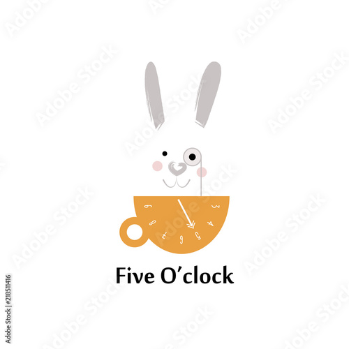 Rabbit in a orange cup.Time to drink tea, five o'clock. Monocle. Icon, logo for cafe. Isolated object.