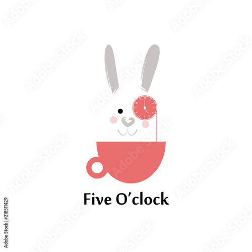 Rabbit in a red cup.Time to drink tea, five o'clock. Clock, monocle. Icon, logo for cafe. Isolated object.