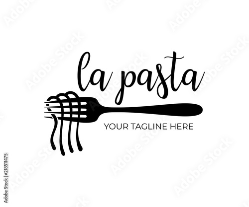 Restaurant and fast food, spaghetti, noodles and pasta with fork, logo design, vector design and illustration