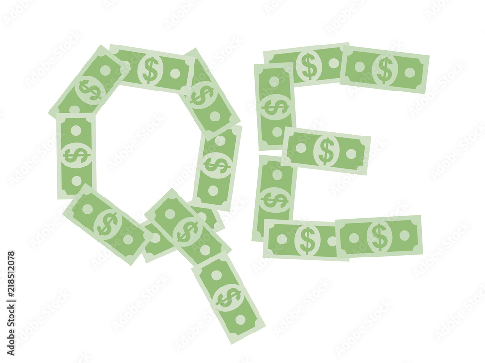 QE - quantitative easing - US dollar banknotes are printed by Central bank in USA - economics of inflation and devaluation of currency. Vector illustration QE - quantitative easing - US dollar banknotes are printed by Central bank in USA - economics of inflation and devaluation of currency. Vector illustration
