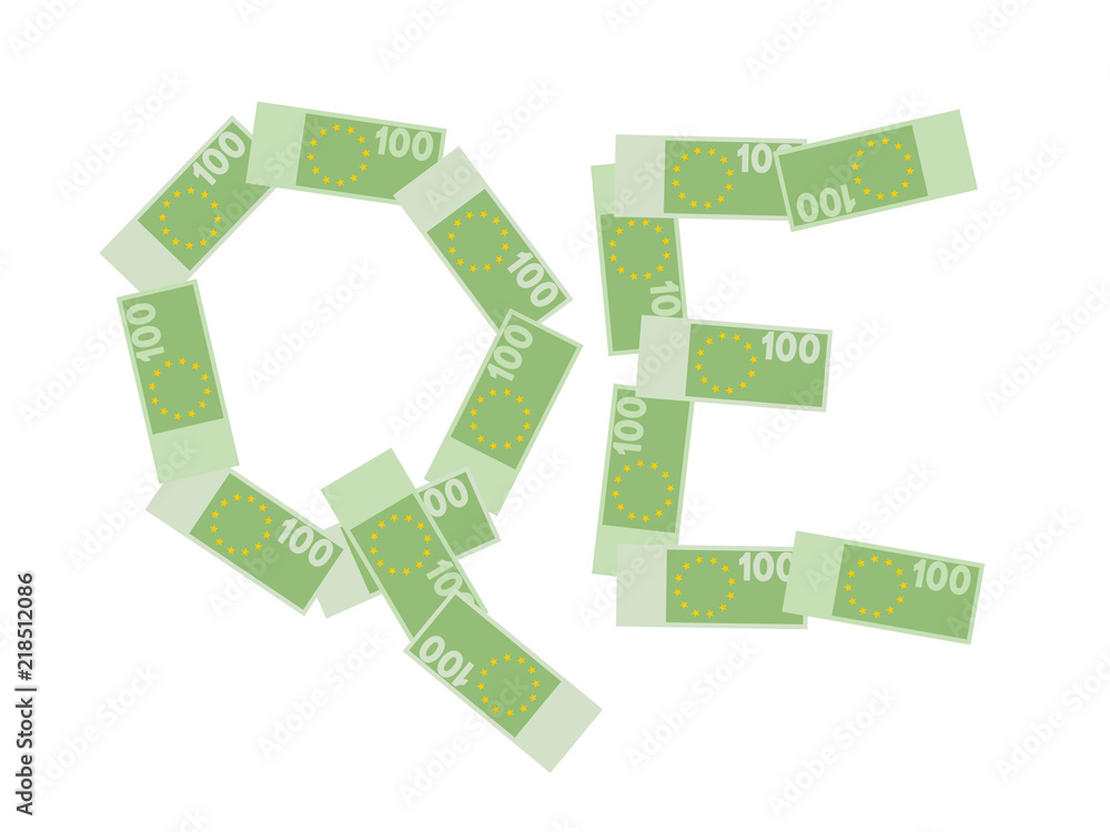 QE - quantitative easing - Euro banknotes are printed in Eurozone by Central bank - economics of inflation and devaluation of currency. Vector illustration QE - quantitative easing - Euro banknotes are printed in Eurozone by Central bank - economics of inflation and devaluation of currency. Vector illustration