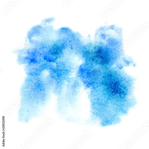 Blue watery illustration. Abstract watercolor hand drawn image.Wet splash.White background.