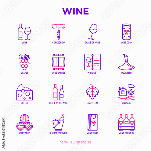 Wine thin line icons set: corkscrew, wine glass, cork, grapes, barrel, list, decanter, cheese, vineyard, bucket, shop, delivery. Modern vector illustration.