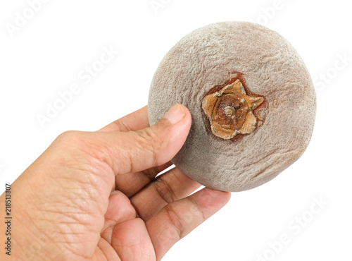 Hand Holding Dried Kaki or Persimmon Fruits on White Background photo