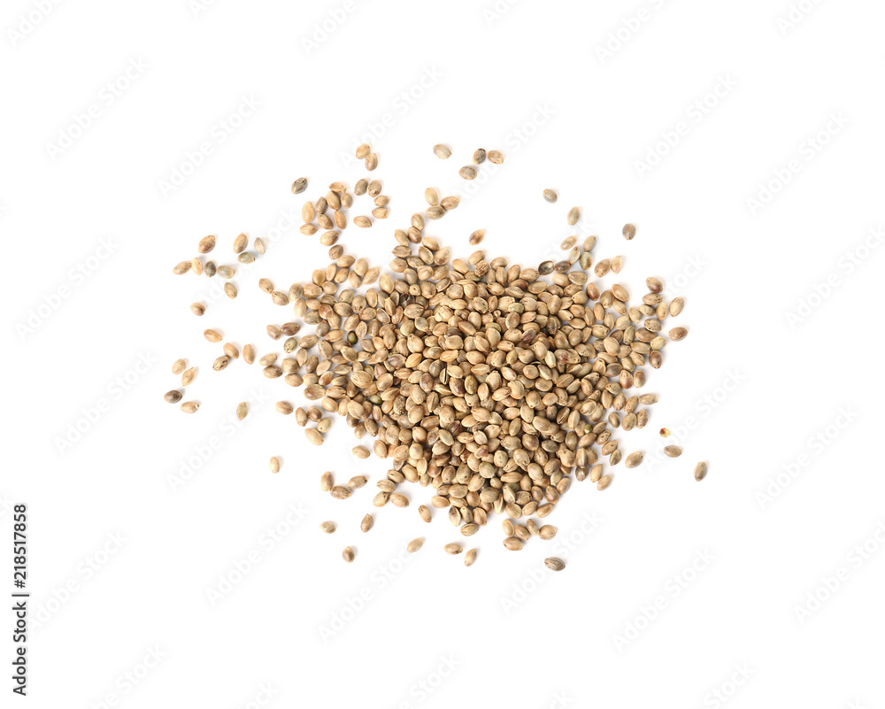 Pile of hemp seeds on white background, top view Pile of hemp seeds on white background, top view