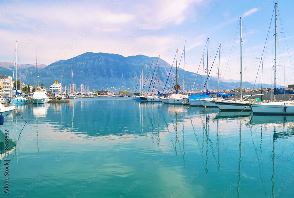 landscape of Kalamata Messinia Peloponnese Greece - harbor with yachts and sailboats 