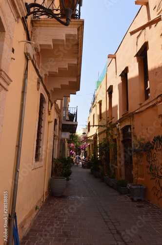 Very Narrow Streets With Beautiful And Colorful Buildings In Chania. History Architecture Travel. July 6, 2018. Chania, Crete Island. Greece. photo