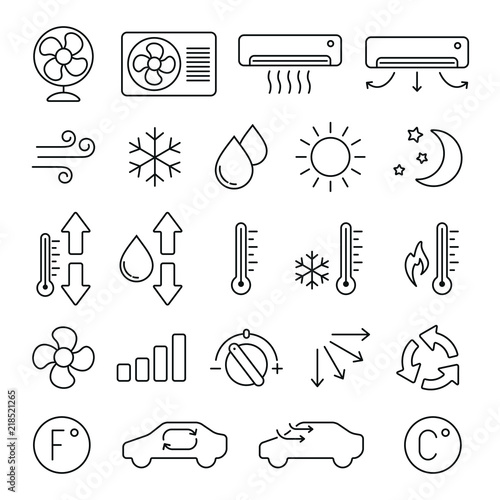 Air conditioning related icons: thin vector icon set, black and white kit