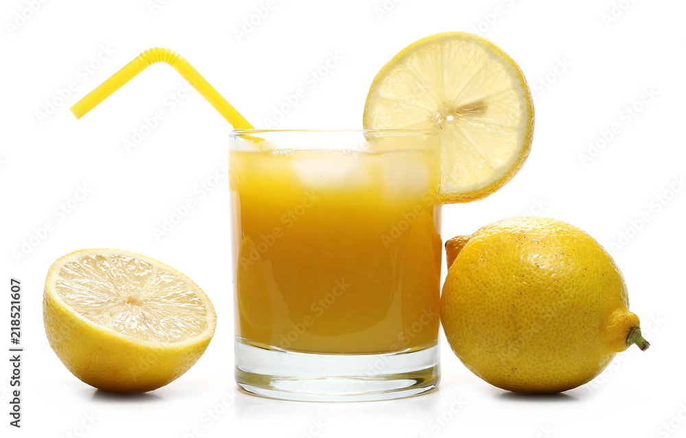 glass with orange juice and lemon isolated on white glass with orange juice and lemon isolated on white