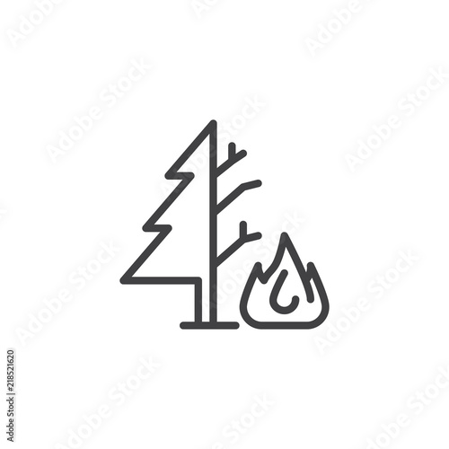 Burning tree outline icon. linear style sign for mobile concept and web design. Forest fire simple line vector icon. Symbol, logo illustration. Pixel perfect vector graphics