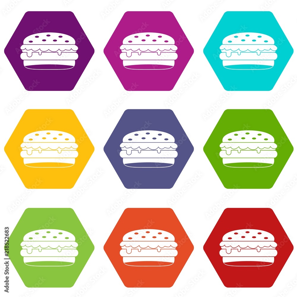 Burger icon set many color hexahedron isolated on white vector illustration