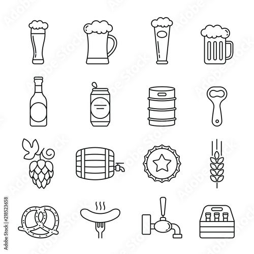 Beer related icons: thin vector icon set, black and white kit