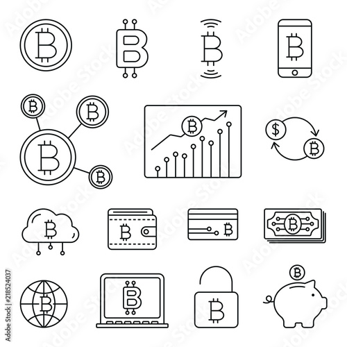 Bitcoin and cryptocurrency related icons: thin vector icon set, black and white kit