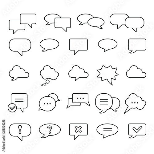 Speech bubble related icons: thin vector icon set, black and white kit