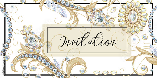 Template of invitation with golden sewing and jewelry