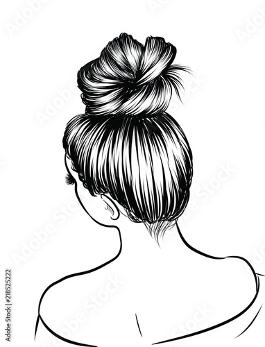 Woman with stylish classic bun with perfet eyebrow shaped and ful. Illustration of business hairstyle with natural long hair. Hand-drawn idea for gretting card, poster, flyers, web, print for t-shirt.