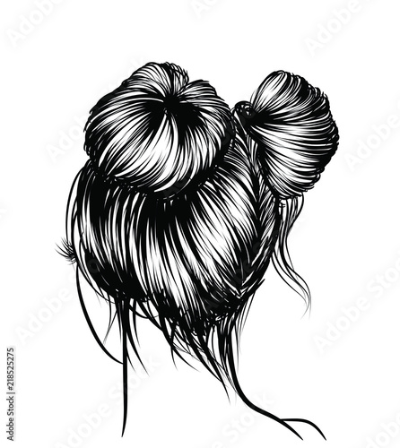 Woman with stylish classic bun with perfet eyebrow shaped and ful. Illustration of business hairstyle with natural long hair. Hand-drawn idea for gretting card, poster, flyers, web, print for t-shirt.