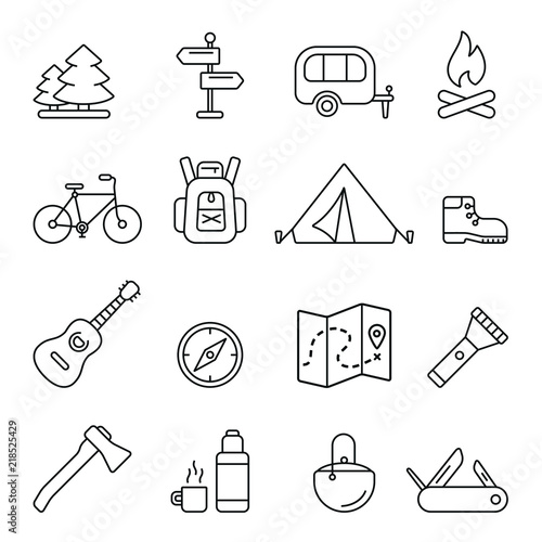 Camping trip related icons: thin vector icon set, black and white kit