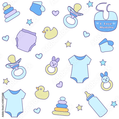 Seamless pattern with baby boy items. Newborn clothes and accessories