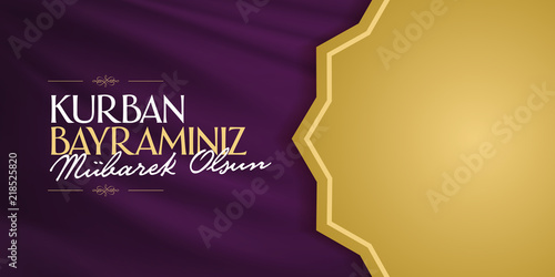 Feast of the Sacrif (Eid al-Adha Mubarak) Feast of the Sacrifice Greeting (Turkish: Kurban Bayraminiz Mubarek Olsun) Holy month of muslim community with purple flag billboard.