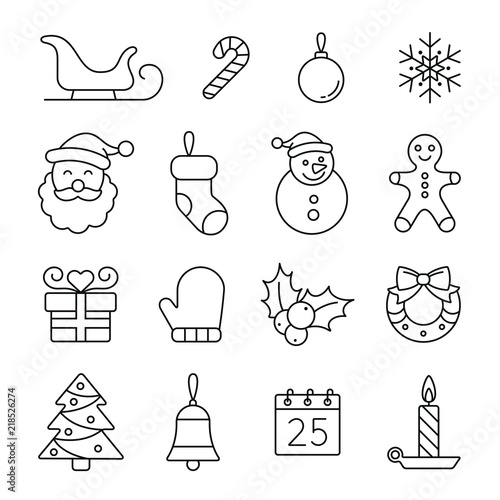 Christmas and New Year related icons: thin vector icon set, black and white kit