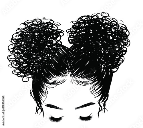 Curly beauty girl illustration isolated on clear background. Double buns with long hair. Hand draw idea for business cards, templates, web, brochure, posters, postcards, salon