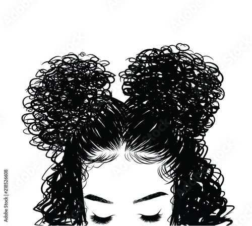 Curly beauty girl illustration isolated on clear background. Double buns with long hair. Hand draw idea for business cards, templates, web, brochure, posters, postcards, salon